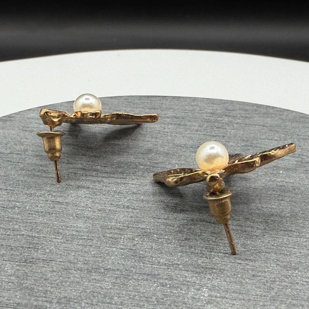 Gold Tone Pearl Leaf Drop Earrings Botanical Cottagecore Statement Jewelry Gift